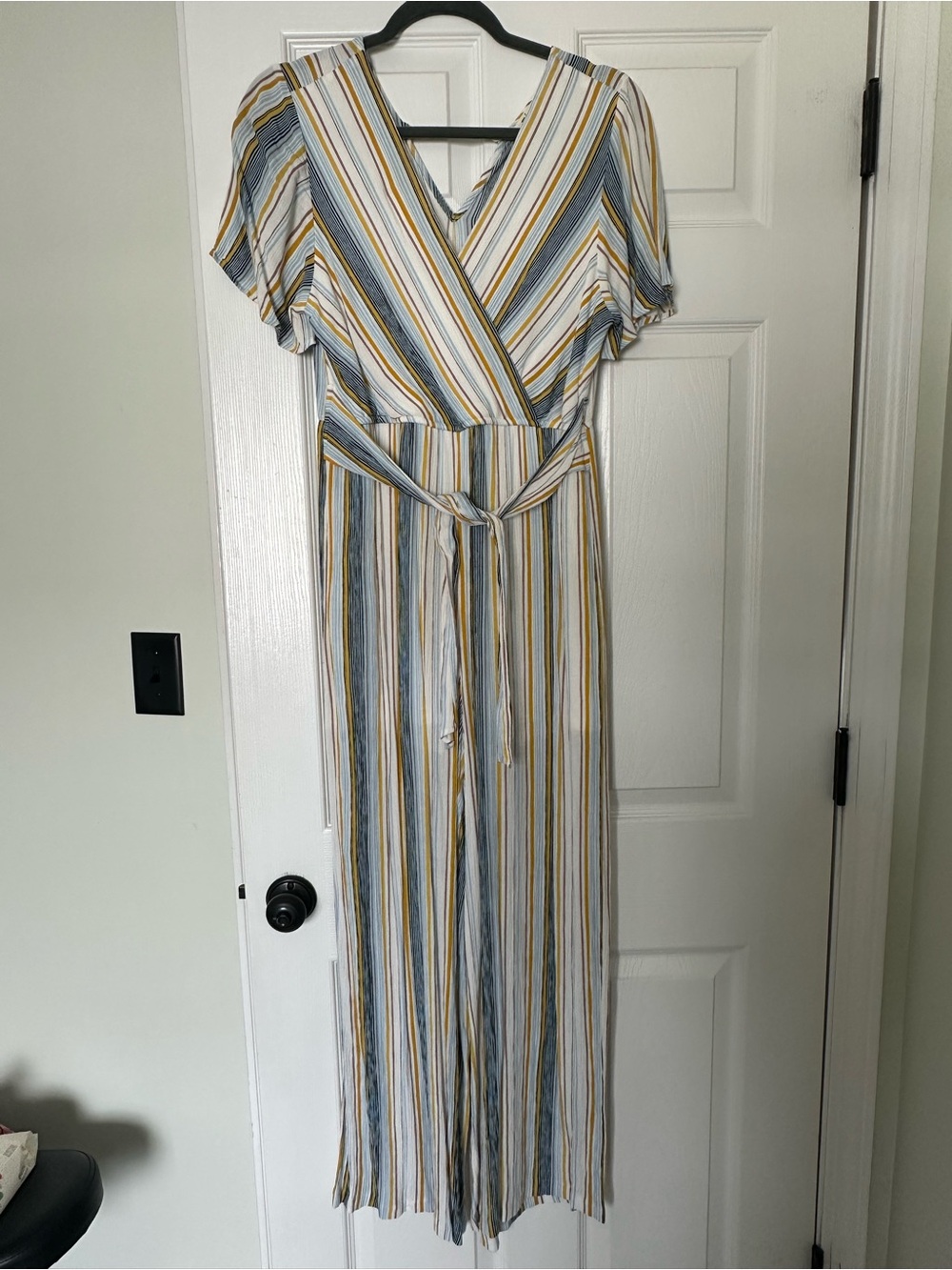 miami Striped V-Neck Wide-Leg Jumpsuit in White, Blue & Mustard